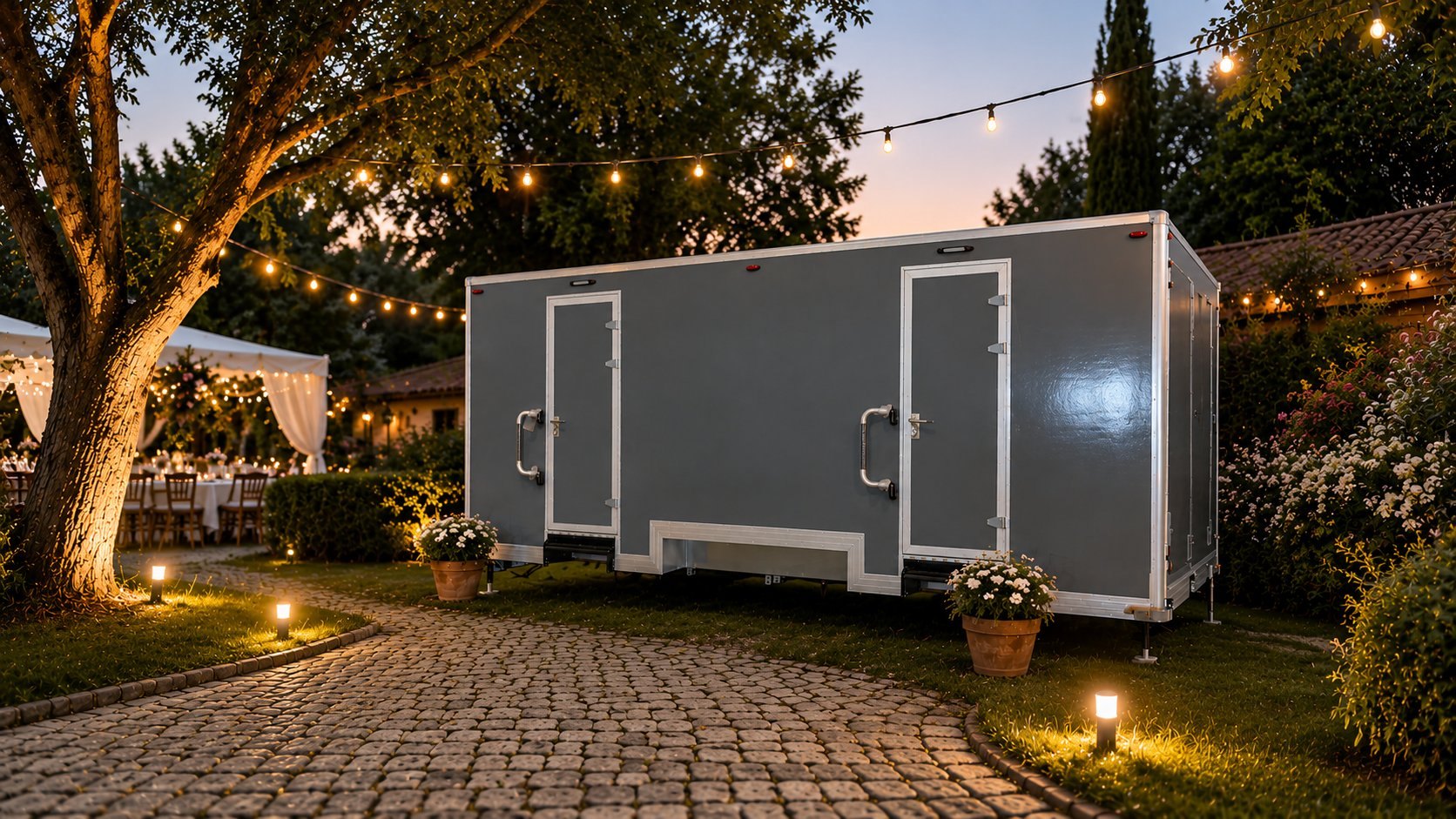 Unidade WC Premium cinzenta num jardim de casamento ao entardecer, com luzes suspensas